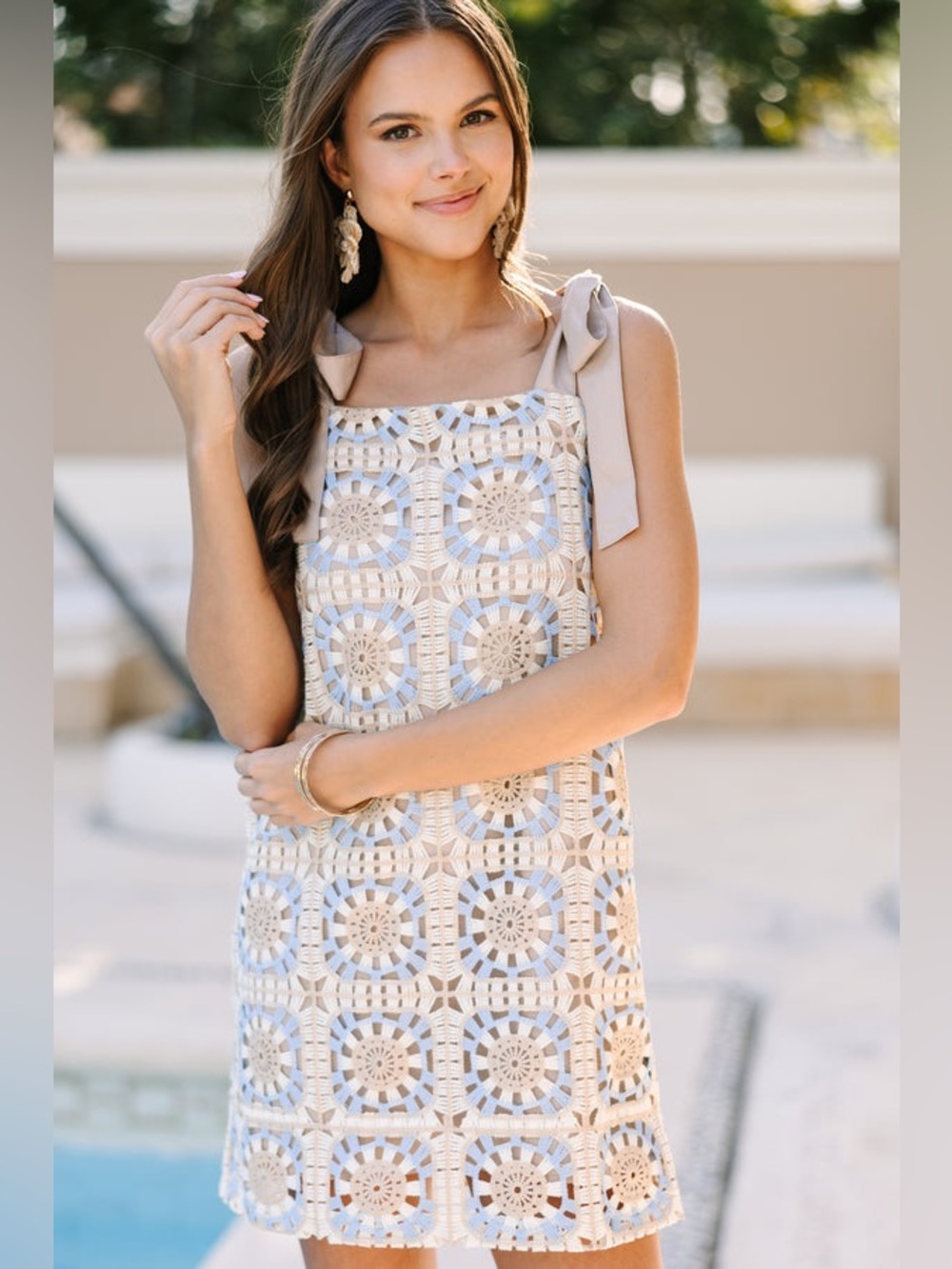 Crochet Sundress with Tie Straps - Beige Blue